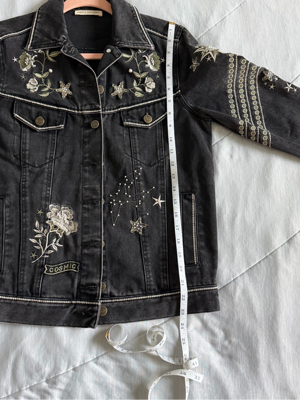 Spell Black Embroidered Beaded Denim Jacket size Small Boyfriend cut - Picture 12 of 13